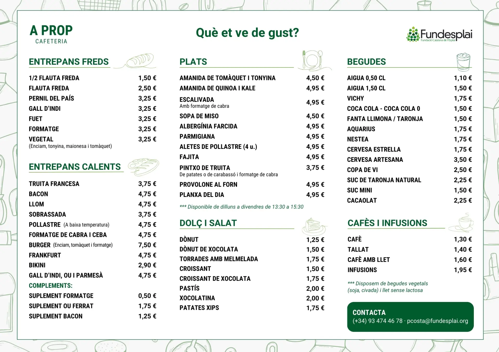 Carta cafeteria A prop (alberg Centre Esplai - Fundesplai) en català
