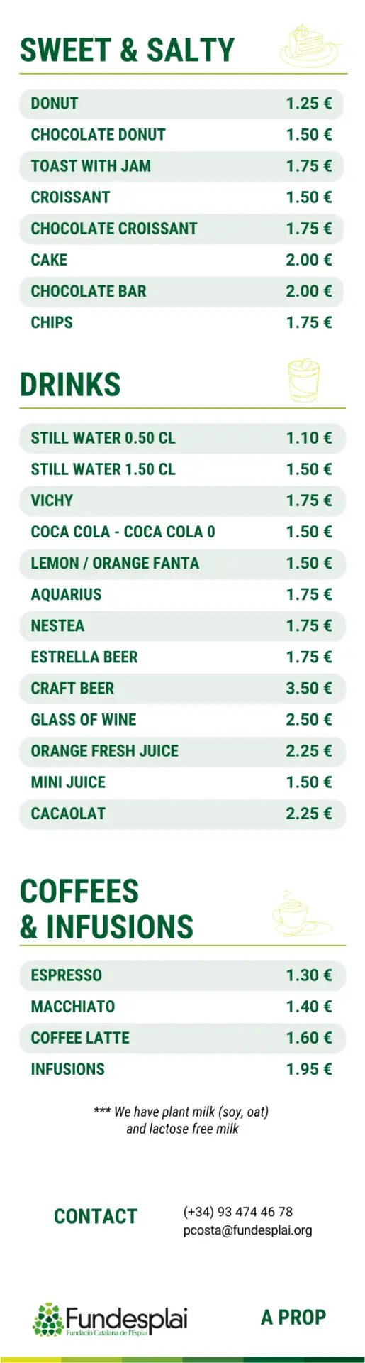 Carta cafeteria A prop Fundesplai en anglès