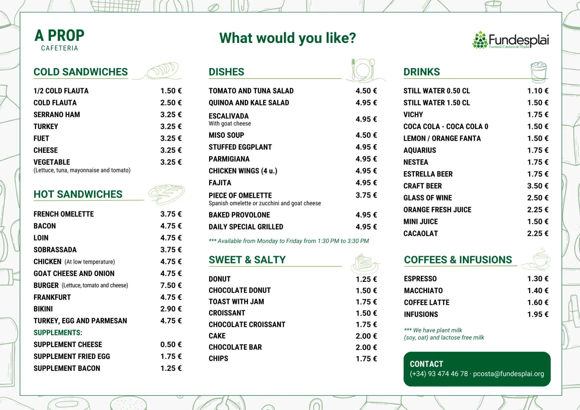 Carta cafeteria A prop Fundesplai en anglès