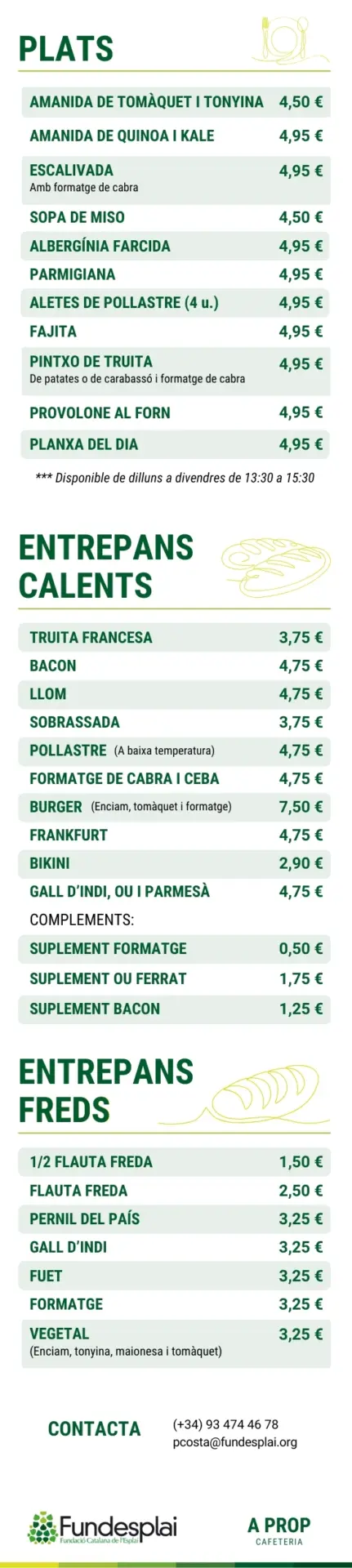 Carta cafeteria A prop (alberg Centre Esplai - Fundesplai) en català