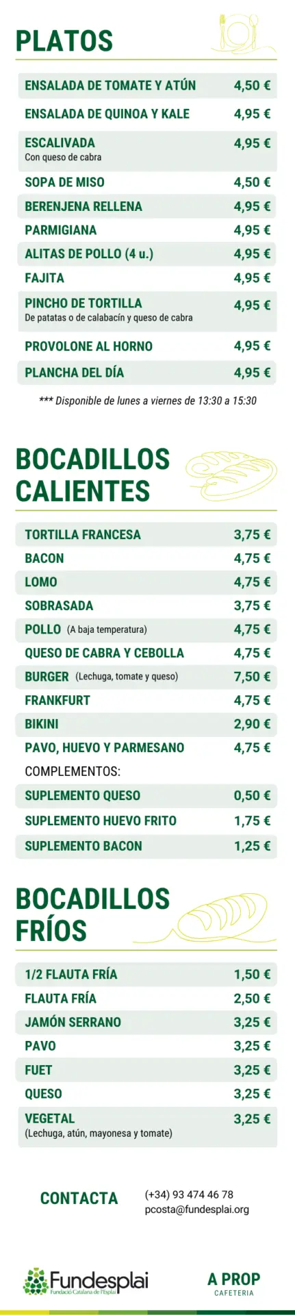 Carta cafeteria A prop (alberg Centre Esplai - Fundesplai) en castellà